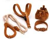 Stijlvol - Tuig - hondenhalsband - riem - traktatiezak - set - nubuck beige - Halsband & harnas maat XS/S (26-32) - Riem 130 cm