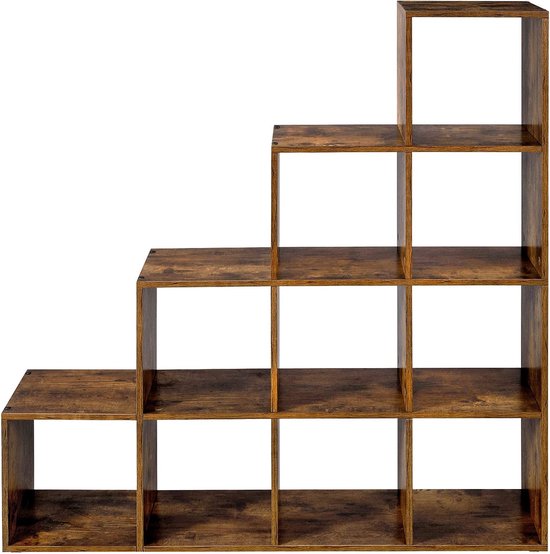 Boekenkast met 10 kubussen, kubusplank, kantoorplank, staande plank, ladderplank, traplegplank, als kamerscherm, vrijstaand, voor kantoor, woonkamer, slaapkamer, vintage bruin LBC10BX