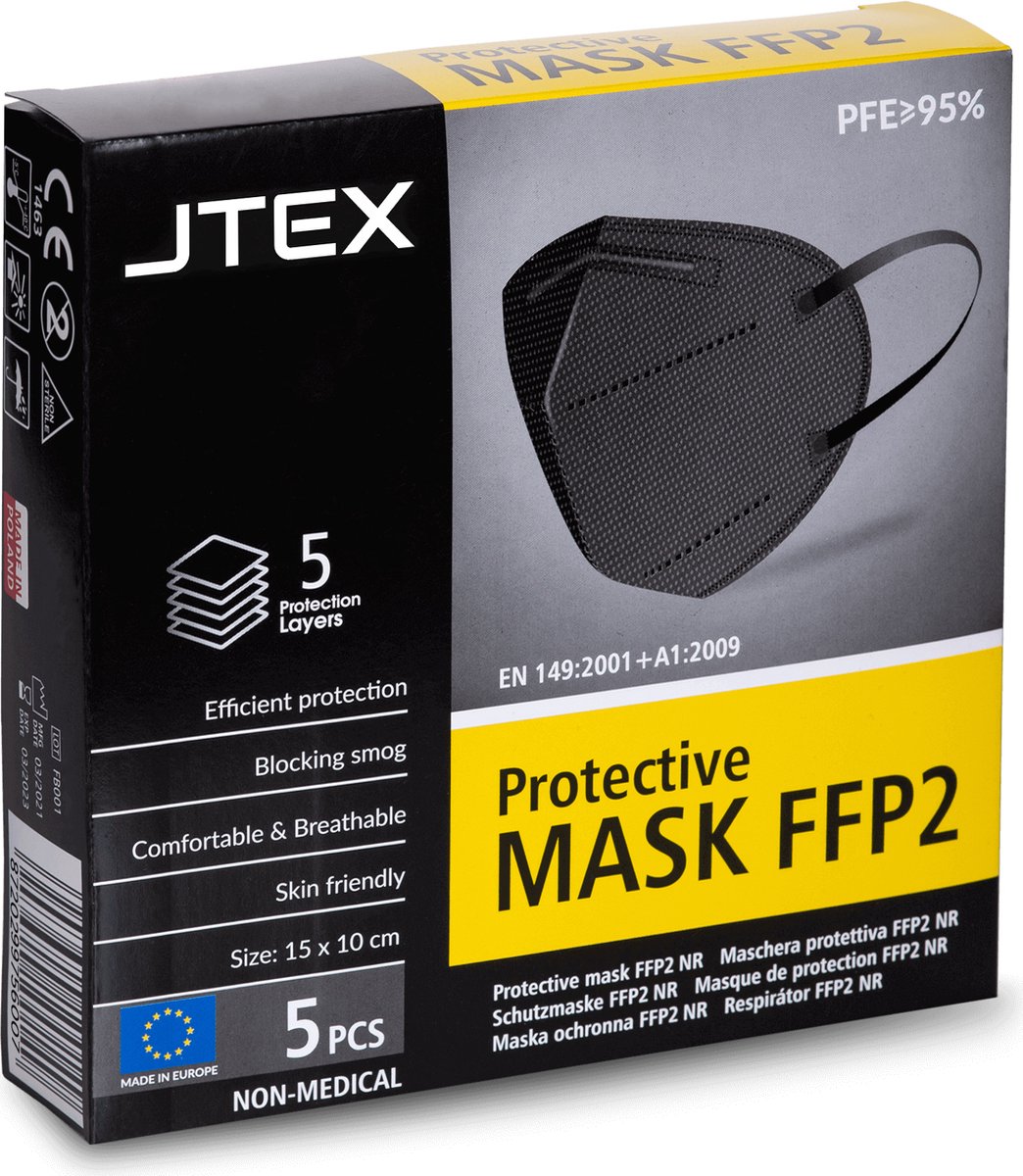 JTEX® 5x FFP2 N95 maskers | Zwart | Geproduceerd in de EU | FFP2 maskers | met CE markering | Gegarandeerd goede bescherming met PFE filtration >95%