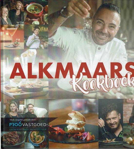 Collage van foto's uit 'Alkmaars Kookboek', met een chef-kok die kruiden strooit, gerechten en de makers.