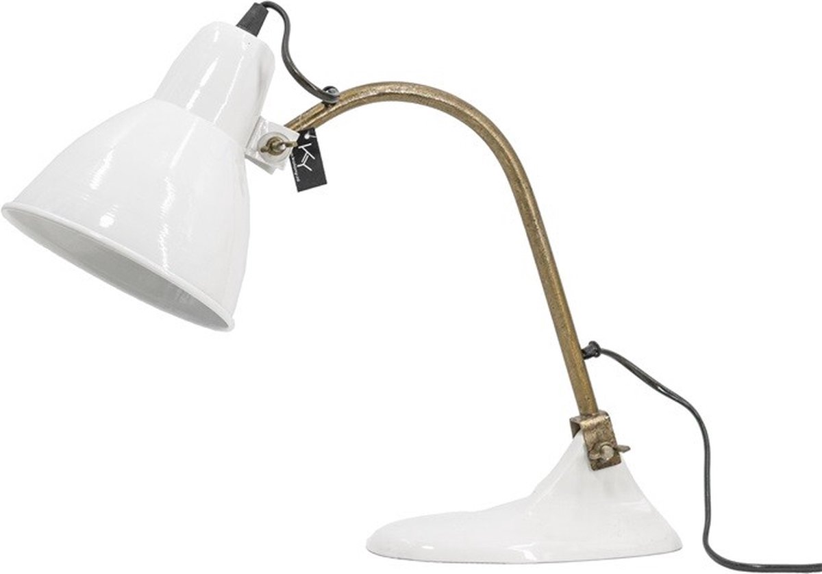 Metalen bureaulamp wit - KY Decorations - verlichting - wit emaille - goud metaal - tafellampje