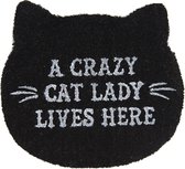 Clayre & Eef Deurmat Binnen Kat 50*44*1 cm Zwart, Wit Kokosvezel, Pvc Rond Crazy cat lady Droogloopmat