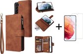 Luxe Telefoonhoesje voor Samsung Galaxy S22 | Hoogwaardig Leren Bookcase | Lederen Wallet Case | Luxe Uitstraling | Pasjeshouder 6 pasjes | Portemonnee | Rits | Cognac Bruin + 1x S