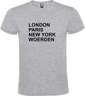 Grijs t-shirt met " London, Paris , New York, Woerden " print Zwart size XL