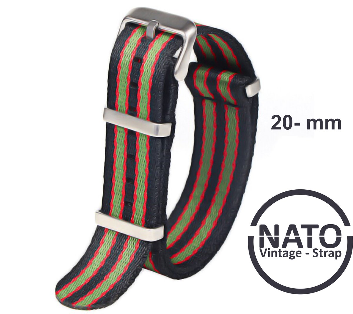 20mm Nato Strap Groen Rood Zwart gestreept - Vintage James Bond - Nato Strap collectie - Mannen - Horlogebanden - 20 mm bandbreedte