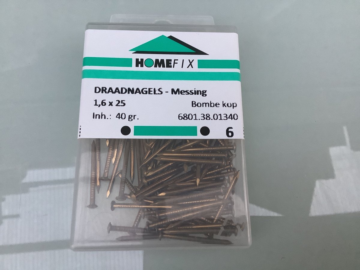 Messing spijkers bolkop 1.6 x 25 mm. 40 gram draadnagels. Homefix.