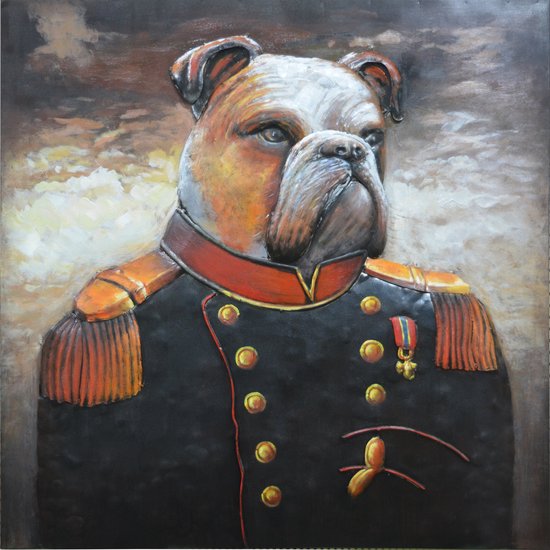 Tableau métal art 3D - bouledogue avec tenue de soldat - portrait animalier - 80x80 cm - metalart
