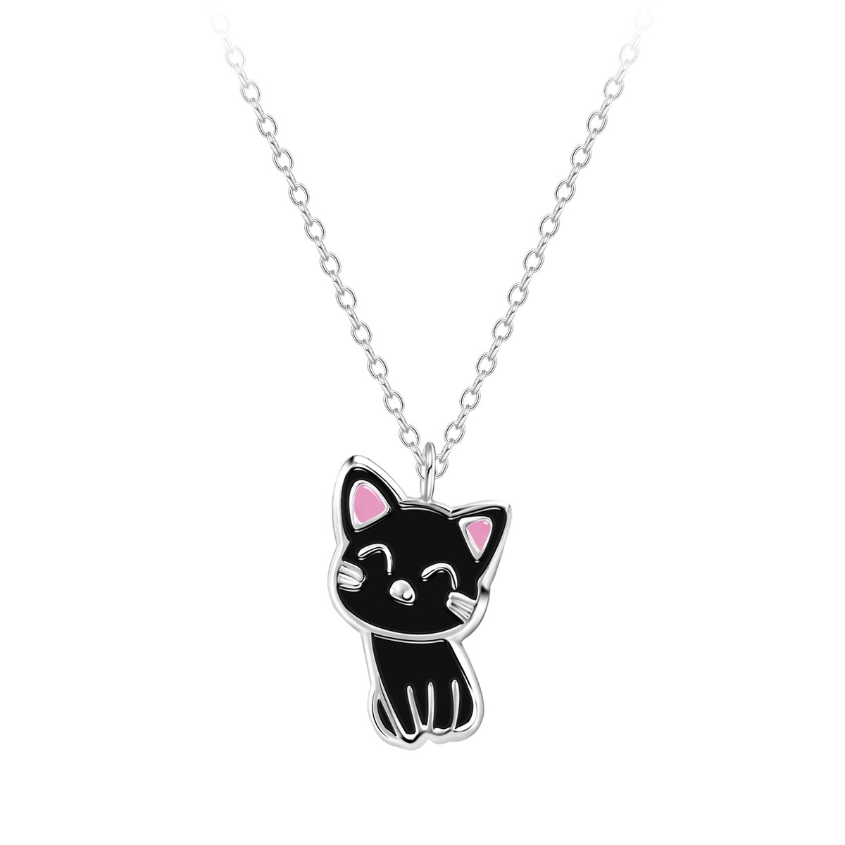 Zilveren kinderketting met zwart katje hanger | ketting meisje | Zilverana | Sterling 925 Silver (Echt zilver)