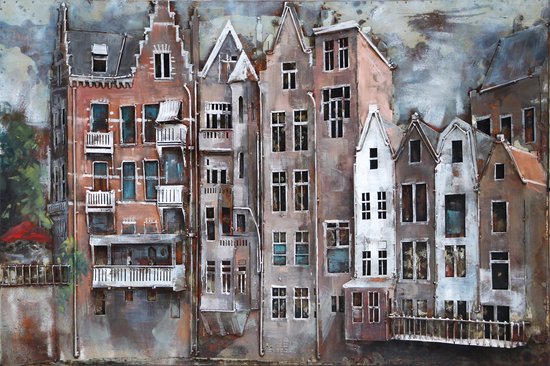 Peinture 3D sur métal - Maison du canal d' Amsterdam - 120x80 cm