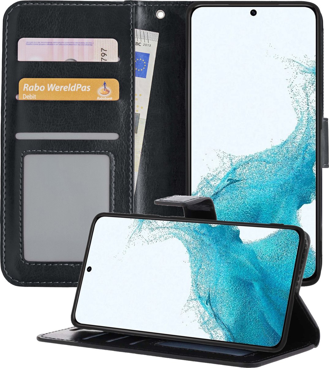 Hoesje - Geschikt voor Samsung Galaxy S22 - Luxe Bookcase - Walletcase Hoes - Portemonnee - Cover - Telefoonhoes - Zwart