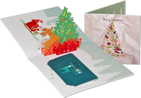 Bluelves 3D-kerstkaart, pop-upkaart, Kerstmis, 3 stuks, kerstkaarten met envelop en stickers, kerstkaartjes voor kinderen, familie, vrienden