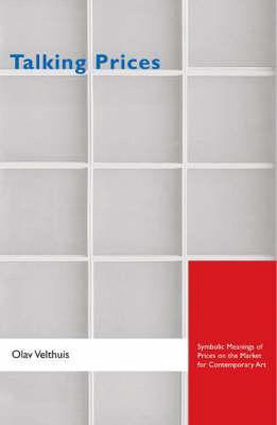 Livre intitulé 'Talking Prices' par Olav Velthuis. La couverture présente un motif en grille avec une section rouge.