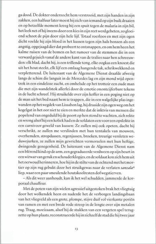Een bladzijde uit een boek met Nederlandse tekst over een persoon die naar Afrika reist en herinneringen ophaalt.