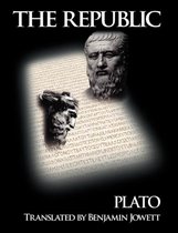 Boekomslag met een standbeeld van Plato, Griekse tekst en de titel 'THE REPUBLIC PLATO'.