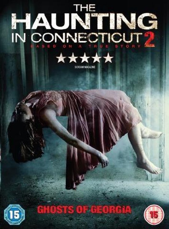 DVD hoes 'The Haunting in Connecticut 2', met zwevende vrouw in roze jurk, 'Ghosts of Georgia' logo.