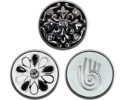 Quiges - Chunk 18mm Click Button Drukknoop Set van 3 Stuks Symbool Zwart & Wit met Zirkonia - EBCMSET016
