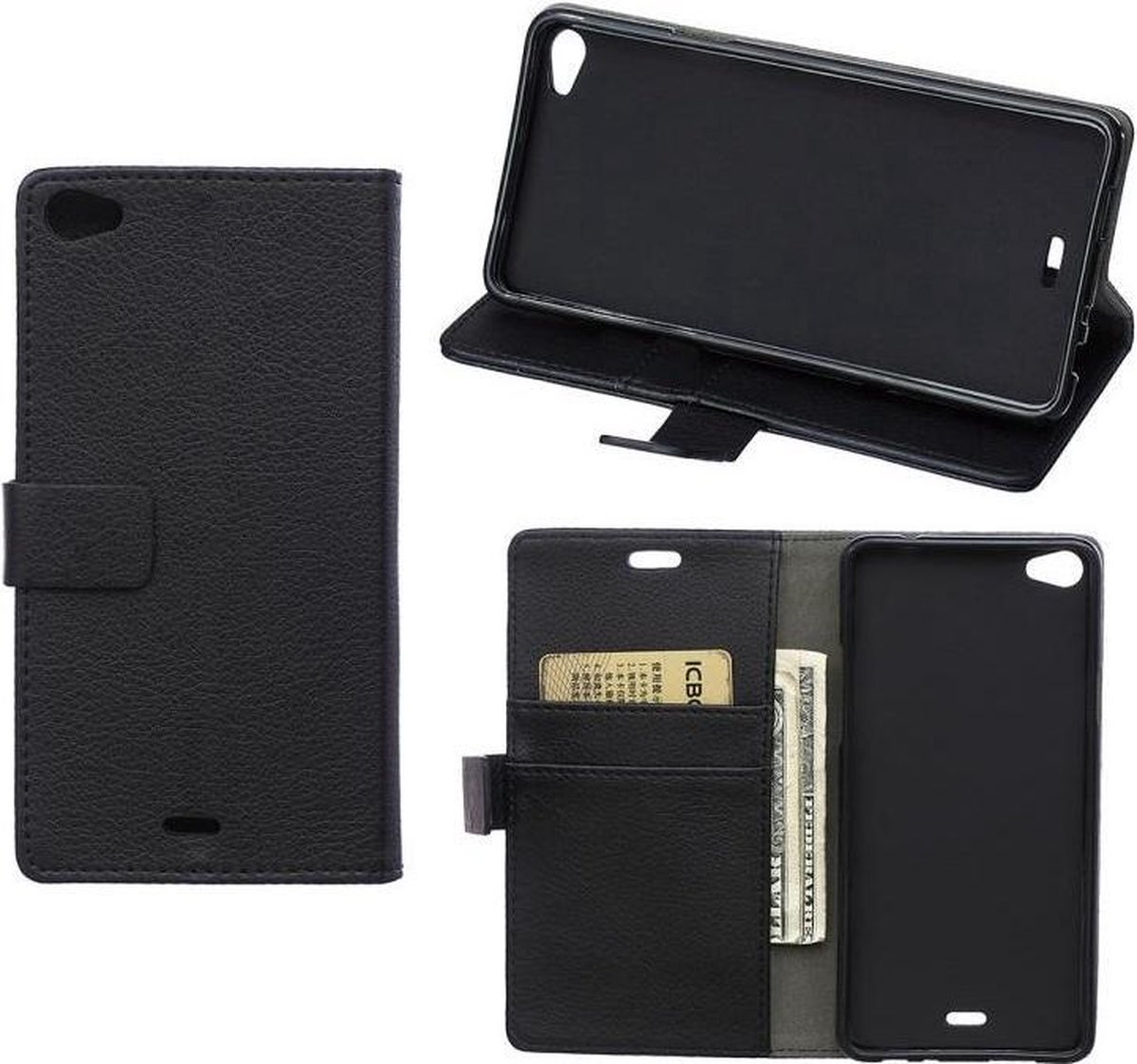 Litchi Cover wallet case hoesje Wiko Rainbow Lite 4G zwart
