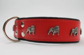 Dog's Companion - Leren Halsband Engelse Bulldog - Lengte: 55cm Verstelbaar van: 45-53 cm x 40 mm - Rood/Zwart