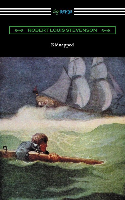Een jongen in een bootje kijkt naar een zeilschip op een woeste zee. 'Kidnapped' door Robert Louis Stevenson.