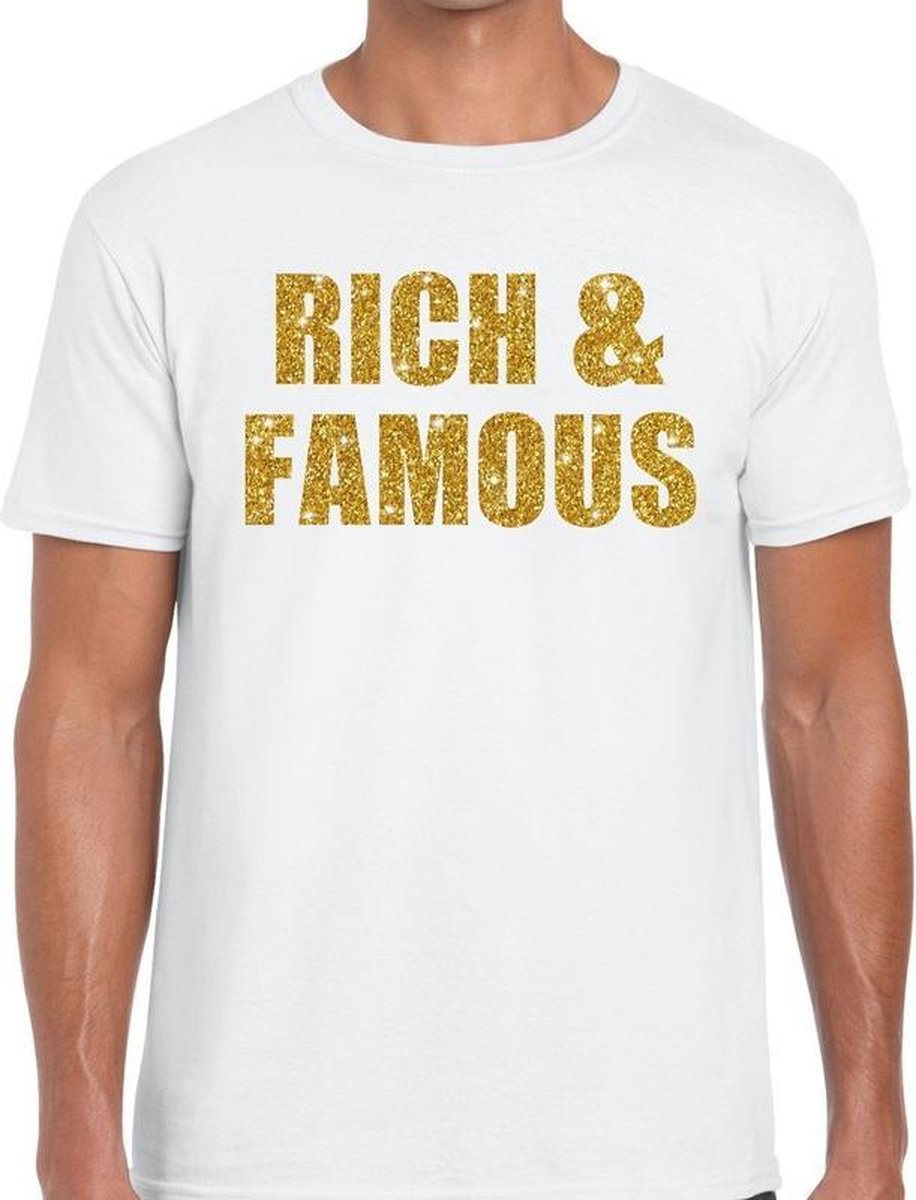 Afbeelding van product Bellatio Decorations  Rich and Famous gouden glitter tekst t-shirt wit heren - heren shirt Rich and Famous L  - maat L