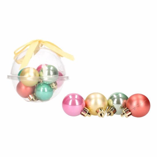 12delige mini kerstballen roze/groene/rode kunststof/ plastic
