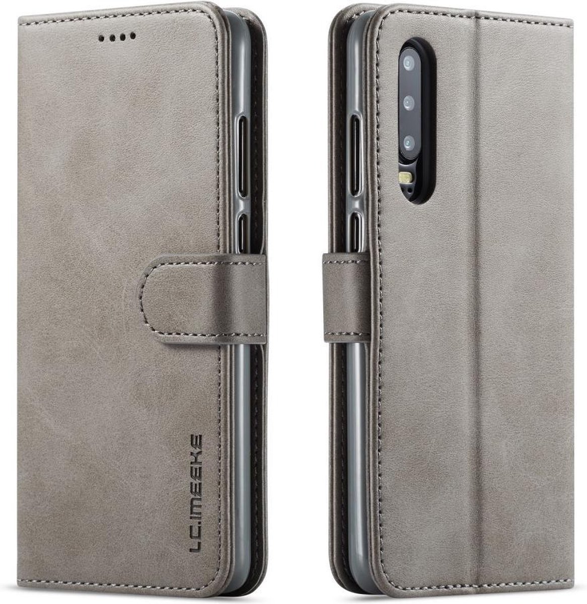 LC.IMEEKE Luxe Book Case - Geschikt voor Huawei P30 Hoesje - Grijs