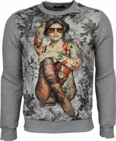 Sweater - Bloemen Motief Getatoeëerd Dame Print Heren - Grijs