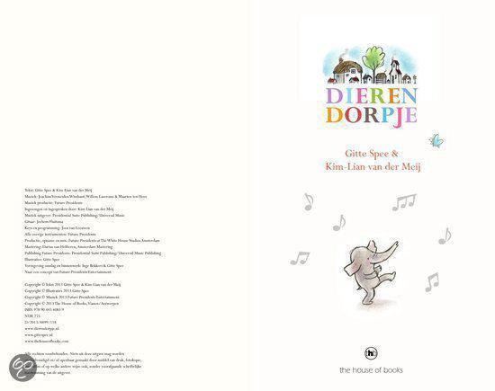 Achterkant boek 'Dierendorpje' met een dansende olifant en tekst.