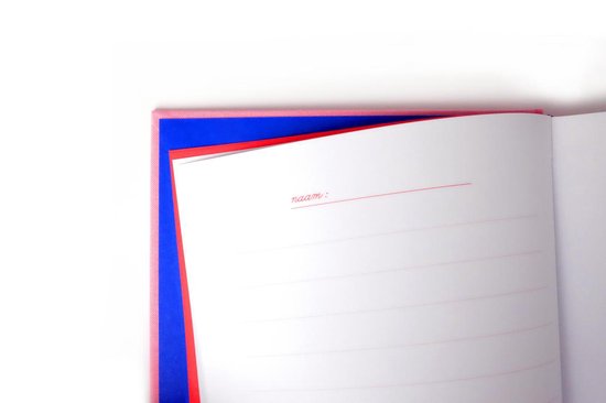 Open roze poëziealbum met rode en blauwe voering. Pagina met 'naam:' in rode sierletters.