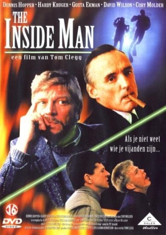 The Inside Man DVD-cover met Dennis Hopper en Hardy Kruger. Titel: The Inside Man. Een film van Tom Clegg. Tekst: 'Als je niet weet wie je vijanden zijn...'