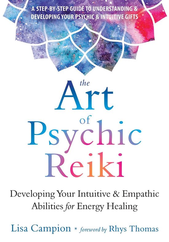 Couverture du livre 'The Art of Psychic Reiki' avec mandala en aquarelle et texte sur le développement des dons intuitifs.