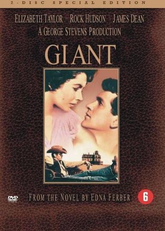 DVD hoes van de film Giant, met Elizabeth Taylor en Rock Hudson in close-up. Onder hen een cowboy. Tekst: 'GIANT', '2-DISC SPECIAL EDITION', 'FROM THE NOVEL BY EDNA FERBER'.