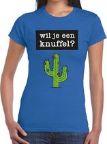 Wil je een Knuffel tekst t-shirt blauw dames L