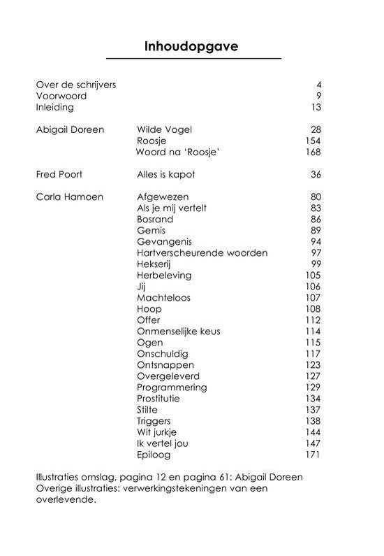 Inhoudsopgave van het boek 'Onschuldig', met hoofdstukken en paginanummers.