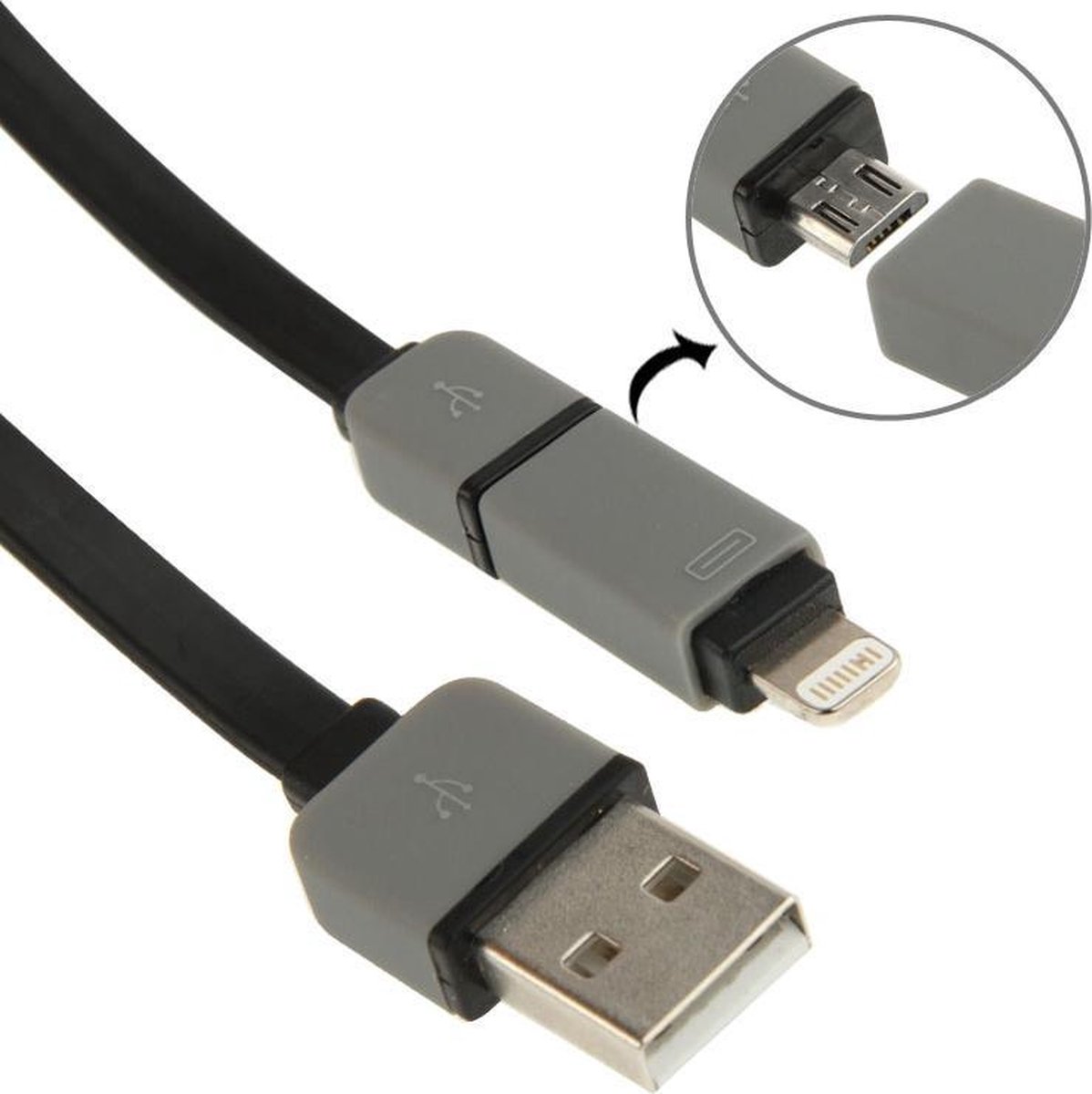 Image of 2 in 1 Noodle Style Micro 5 Pin USB Data Transmit / laad Kabel met 8 Pin Adaptor, geschikt voor iPhone 6 / 6S & 6 Plus / 6S Plus, iPhone 5 & 5S & 5C, iPad Air / Samsung Galaxy S IV / i9500, HTC One / M7, Lengte: 1.0m(zwart)