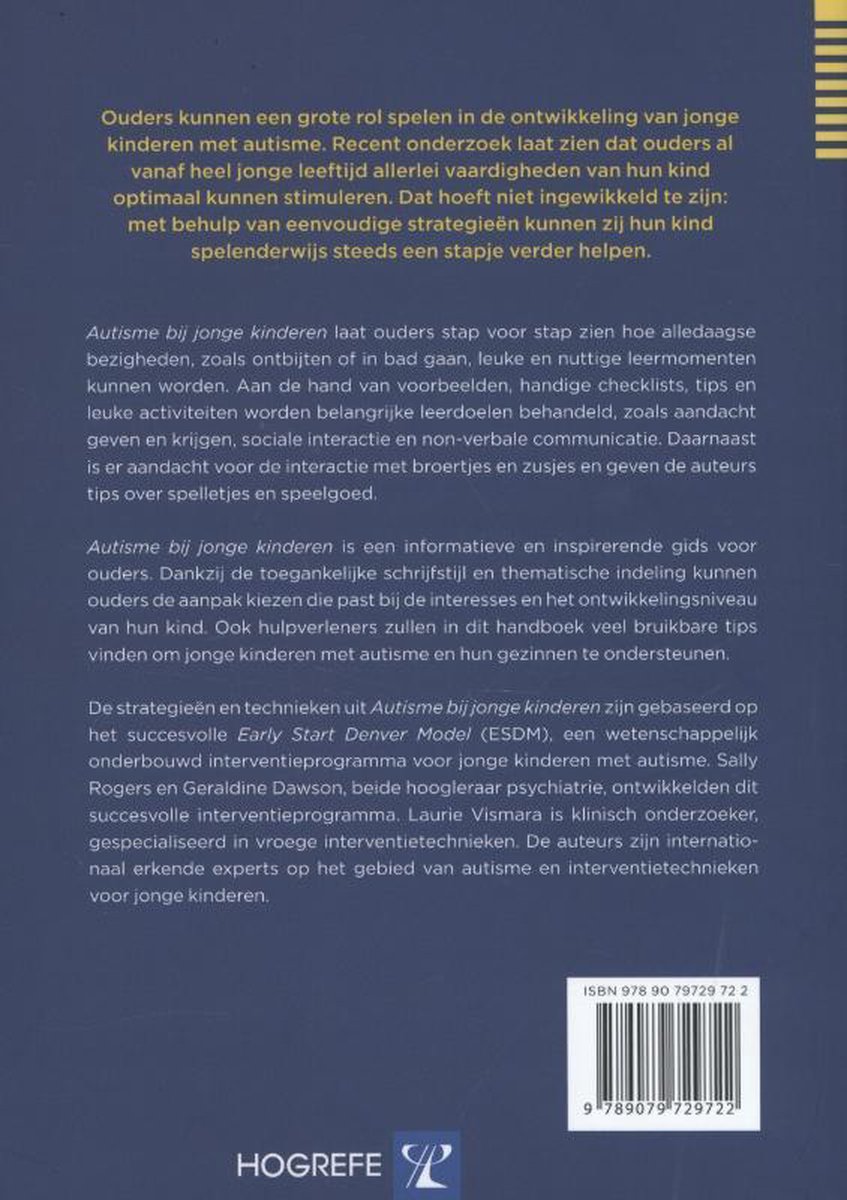 Achterkant van het boek 'Autisme bij jonge kinderen' met beschrijving en ISBN.
