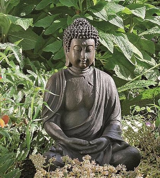Deco by Boltze Boeddha beeld Zen - kunststeen - antiek donkergrijs - 26 x 17 x 40 cm - home deco en tuin beelden - met open steen structuur
