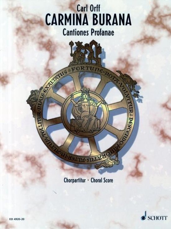 Cover van Carl Orff's Carmina Burana, met een grote gouden rad van fortuin met Latijnse tekst.