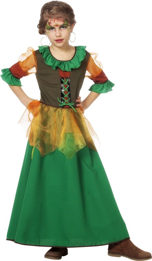 Wilbers & Wilbers - Elfen Feeen & Fantasy Kostuum - Herfstfee Uit Het Bos - Meisje - groen - Maat 104 - Carnavalskleding - Verkleedkleding
