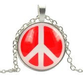 Fako Bijoux® - Ketting - Cabochon - Peace - Rood/Wit