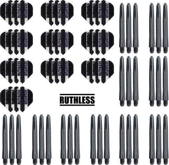 Afbeelding van het spel Dragon darts – 10 Sets Ruthless Flights – darts flights – zwart – plus 10 sets Dragon – darts shafts – medium