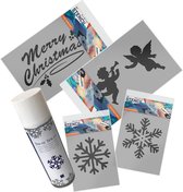 Kerst raamdecoratie pakket - Pakket met 4 Kerstdecoratie sjablonen en 1 spuitbus sneeuwspray