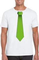 Wit t-shirt met groene stropdas heren L