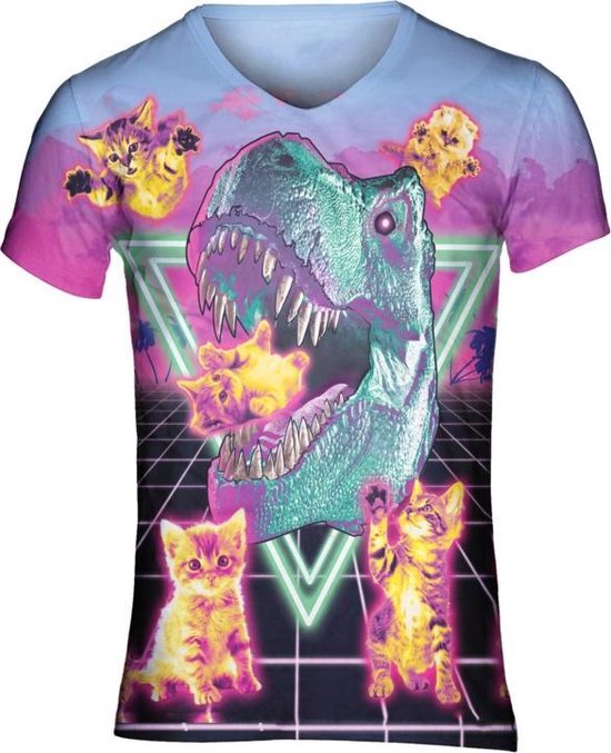 90's T-rex Festival shirt - Maat: L - V-hals - Feestkleding - Festival Outfit - Fout Feest - T-shirt voor festivals - Rave party kleding - Rave outfit , Vaporwave - Jaren 90 - Retro