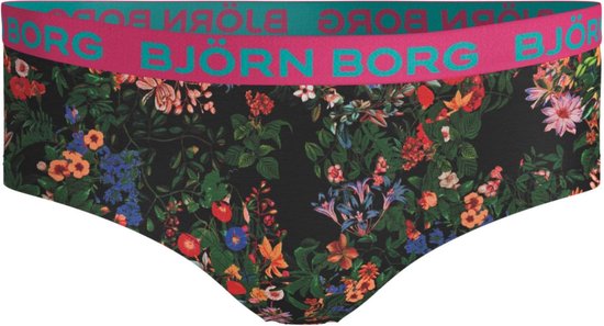 Zwarte hipster onderbroek met veelkleurige bloemenprint en Björn Borg logo in roze en groen.