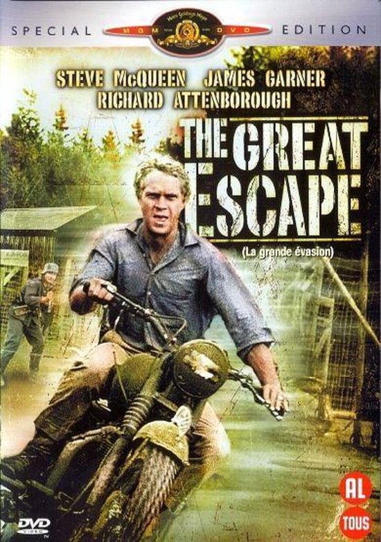 Steve McQueen rijdt op een motor in de film The Great Escape. Special Edition DVD.