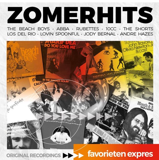 Collage van albumhoezen voor 'Zomerhits' met artiesten zoals 'The Beach Boys' en 'ABBA'.