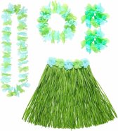 Hawaii dames verkleed setje rokje en bloemenslingers groen - Carnaval party kleding
