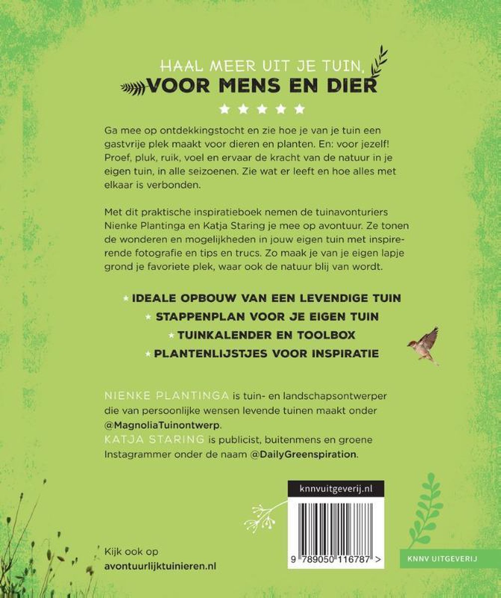 Boek met de tekst 'Haal meer uit je tuin, voor mens en dier'. Een vogel en plantenillustraties op de cover.