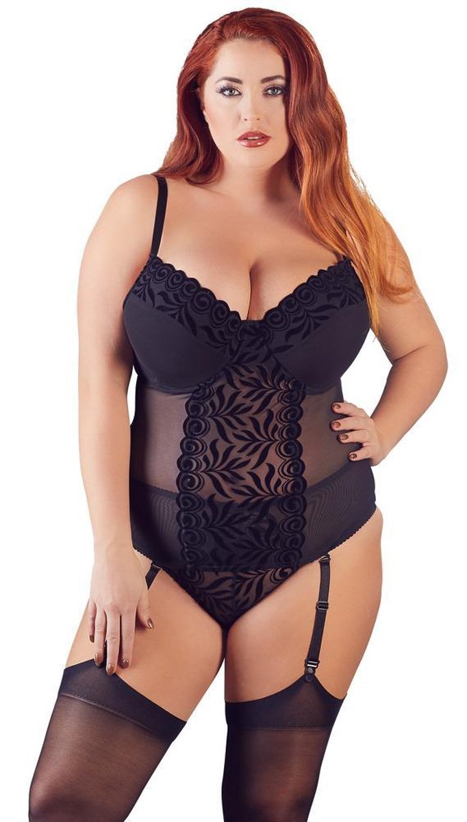 Goedkoopste Cottelli Plus Size – Jarretel Body met Licht Gevoerde Cups en Flockprint Licht Transparant – Maat 96F/2XL – Zwart